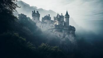 maestoso montagna paesaggio, antico rovine, spaventoso foresta, Gotico architettura, reali generato di ai foto