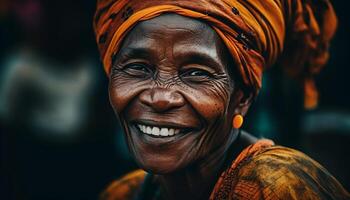 africano donna irradia gioia e fiducia nel tradizionale foulard ritratto generato di ai foto