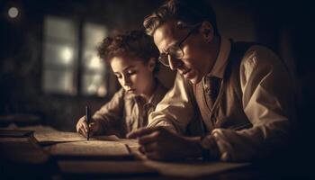 Due ragazzi seduta a un' tavolo, studiando letteratura con concentrazione generato di ai foto