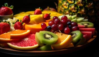 un' colorato frutta insalata su un' verde tavolo, un' rinfrescante pasto generato di ai foto