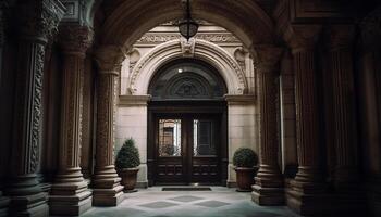 elegante archi e colonne adornano il Ingresso per Questo storico Cattedrale generato di ai foto