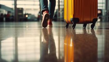 uno persona a piedi con bagaglio nel aeroporto partenza la zona generato di ai foto