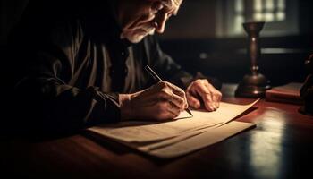 anziano uomo d'affari Tenere penna, lettura documento, concentrandosi a scrivania generato di ai foto