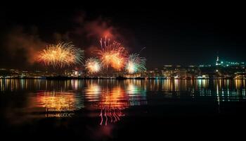 vancouver orizzonte illuminato con vivace colori durante fuochi d'artificio celebrazione generato di ai foto