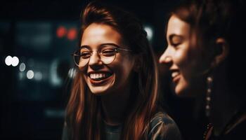 giovane adulti godendo vita notturna, sorridente e guardare a telecamera generato di ai foto