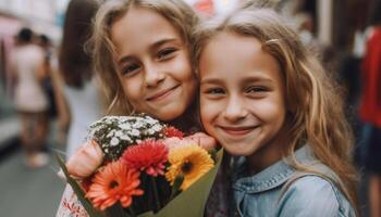 Due carino ragazze Tenere un' Multi colorato fiore mazzo, sorridente con gioia generato di ai foto