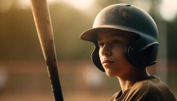 caucasico bambino atleta giocando baseball con determinazione a tramonto generato di ai foto