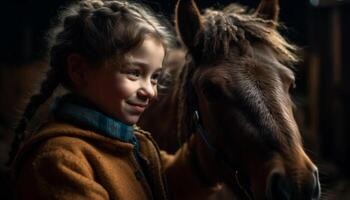 sorridente bambino bonding con carino cavalla su rurale azienda agricola generato di ai foto