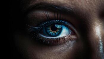 bellezza nel il occhio vicino su di giovane adulto blu iris generato di ai foto