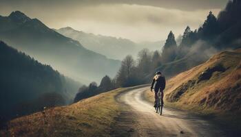 uomini Ciclismo attraverso montagna gamma, godendo salutare all'aperto avventura generato di ai foto