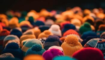 intrecciata maglia cappelli nel vivace colori decorare il caldo folla generato di ai foto