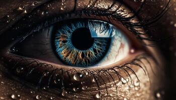 blu con gli occhi donna fissando a telecamera con bagnato iris riflessione generato di ai foto