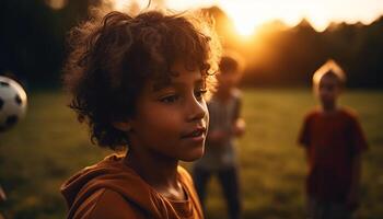 sorridente bambini giocando palla nel tramonto, carino e allegro bonding generato di ai foto