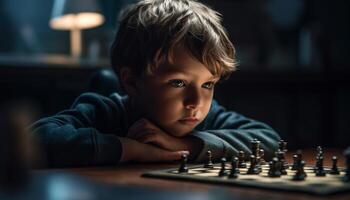 carino caucasico ragazzi giocando scacchi con concentrazione in casa a notte generato di ai foto