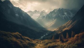 maestoso montagna gamma, tranquillo prato, e sereno foresta scenario generato di ai foto