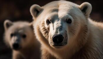 carino panda a piedi nel nevoso artico foresta, guardare a telecamera generato di ai foto