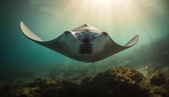 maestoso acquatico mammifero nuoto nel in profondità blu acqua vicino scogliera generato di ai foto