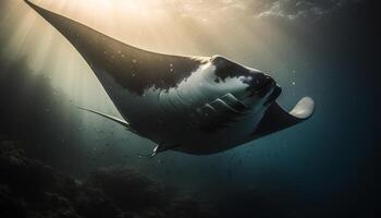 maestoso gigante rettile nuoto nel blu acqua salata, Pericolo e soggezione generato di ai foto