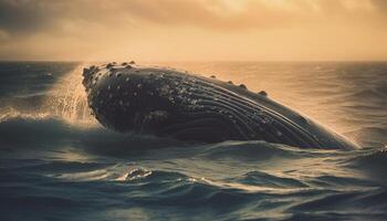 gobba balena spruzzi nel blu mare, idilliaco tramonto avventura generato di ai foto