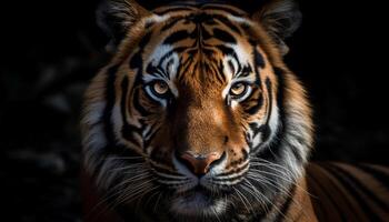 vicino su ritratto di maestoso Bengala tigre fissando ferocemente all'aperto generato di ai foto