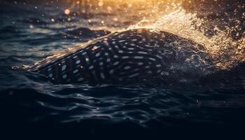 tramonto al di sopra di tranquillo paesaggio marino, pesce nuoto nel increspato acqua generato di ai foto