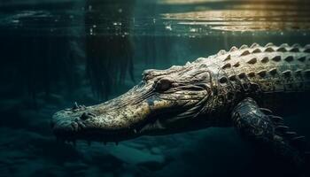 grande coccodrillo nel buio acqua, denti nudo, pronto per attacco generato di ai foto
