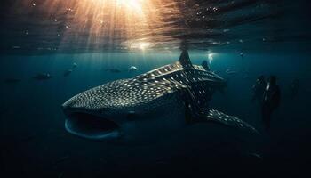 maestoso mare vita nuoto sotto, un' in profondità blu subacqueo avventura generato di ai foto