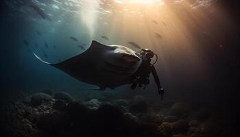 uomini Esplorare maestoso mare vita sotto, immersione in tropicale acque generato di ai foto