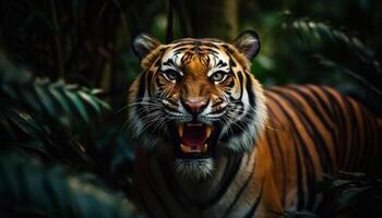 Bengala tigre fissando ferocemente, suo a strisce pelliccia un' maestoso modello generato di ai foto