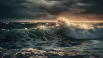 drammatico tramonto al di sopra di il paesaggio marino, onde Crashing nel soggezione ispirando bellezza generato di ai foto