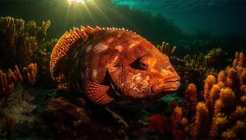 Multi colorato pesce nuotare nel maestoso scogliera, un' naturale bellezza subacqueo generato di ai foto