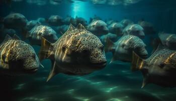 bello tartaruga nuoto sotto maestoso scogliera nel tranquillo blu acque generato di ai foto