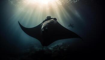 in profondità mare immersione avventura maestoso manta raggio silhouette nel subacqueo paesaggio generato di ai foto