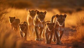 leonessa e cucciolo, maestoso bellezza nel natura, Pericolo agguato generato di ai foto