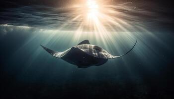 maestoso gigante manta raggio nuoto nel tropicale acqua salata scogliera generato di ai foto