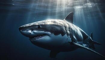 maestoso mammifero nuoto nel in profondità blu mare, guardare a telecamera generato di ai foto