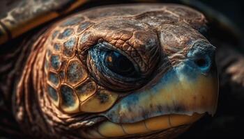 tartaruga ritratto vicino su di in via di estinzione rettile Multi colorato conchiglia e occhio generato di ai foto