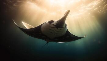 fantasia Drago immersione in acqua, nuoto con maestoso manta raggio generato di ai foto