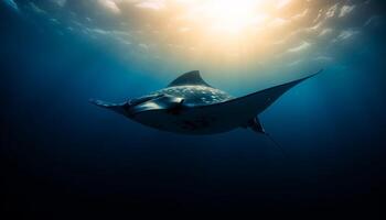 maestoso delfino immersione in in profondità blu subacqueo paesaggio marino generato di ai foto