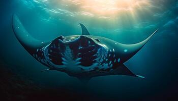 maestoso gigante rettile nuoto nel in profondità blu acqua salata scogliera generato di ai foto