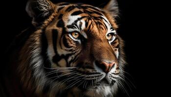 maestoso Bengala tigre fissando con aggressione, a strisce pelliccia nel messa a fuoco generato di ai foto