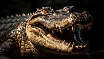 furioso coccodrillo minaccia con Aperto bocca nel africano palude generato di ai foto