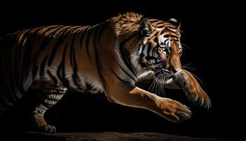 Bengala tigre fissando ferocemente, suo a strisce pelliccia un' maestoso bellezza generato di ai foto