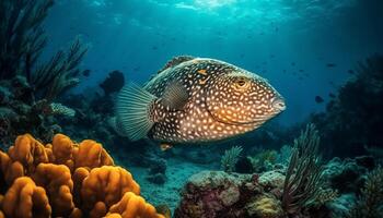 giallo cernia nuoto nel movimento attraverso Multi colorato corallo scogliera sotto generato di ai foto