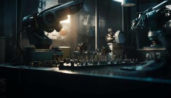 automatizzato robotica braccio controlli produzione linea nel futuristico metallo industria generato di ai foto