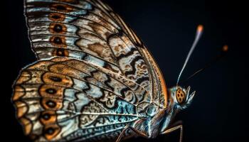 vivace farfalla bellezza nel natura, macchiato Ali nel vicino su generato di ai foto