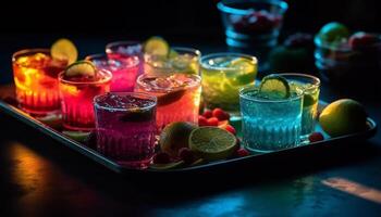 fresco frutta cocktail su di legno tavolo a vivace notte bar generato di ai foto