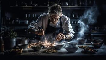 uno uomo, esperto nel mestiere, preparazione fatti in casa cibo in casa generato di ai foto