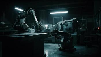 moderno metallo industria laboratorio robotica braccia, pesante macchinari, qualificato lavoratori generato di ai foto