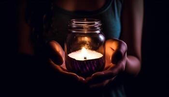 mano Tenere candela, fiamma ardente nel scuro, naturale fenomeno raggiante generato di ai foto